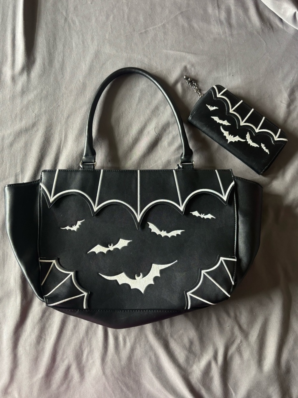 Banned Alternative Vegan Faux Leather Handbag & Wallet with Bats & Spiderwebs